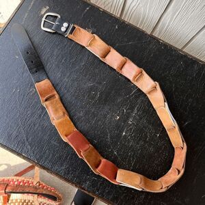 Vintage 70s Multitone Leather Loop Belt Rustic Artisan Patchwork Unisex